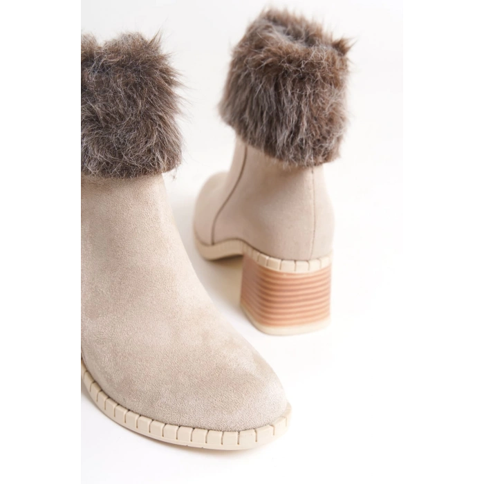 JULIA Fermuarlı Ortopedik Taban Tüylü Topuklu Süet Kadın Bot SKT - Krem