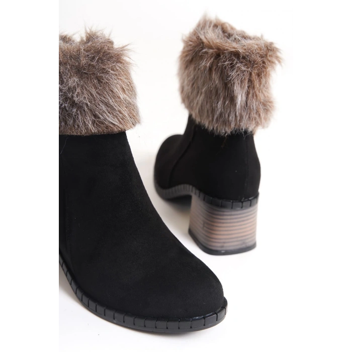 JULIA Fermuarlı Ortopedik Taban Tüylü Topuklu Süet Kadın Bot  SST - Siyah