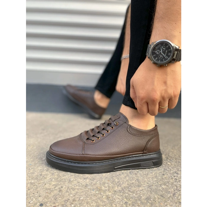 JY0535 Prime Bağcıklı Cilt Erkek Günlük Sneaker Ayakkabı CST - Kahverengi