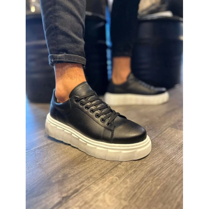 JY144 Volt Bağcıklı Cilt Erkek Günlük Sneaker Yüksek Taban Ayakkabı CBT Siyah