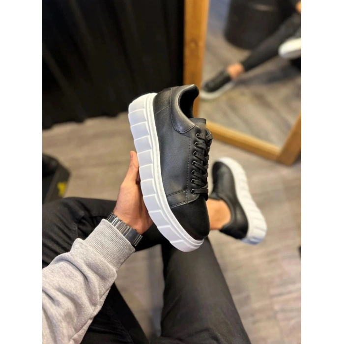 JY144 Volt Bağcıklı Cilt Erkek Günlük Sneaker Yüksek Taban Ayakkabı CBT Siyah