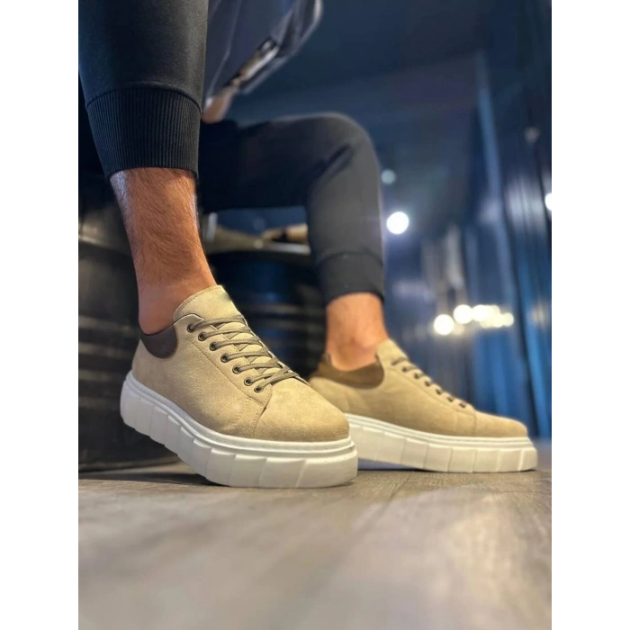 JY144 Volt Bağcıklı Süet Erkek Günlük Sneaker Yüksek Taban Ayakkabı SBT Krem