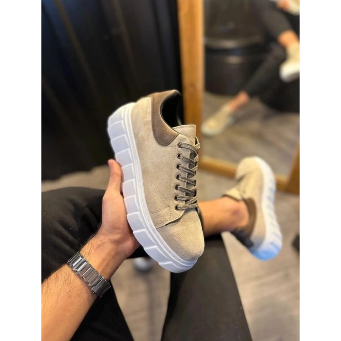 JY144 Volt Bağcıklı Süet Erkek Günlük Sneaker Yüksek Taban Ayakkabı SBT Krem