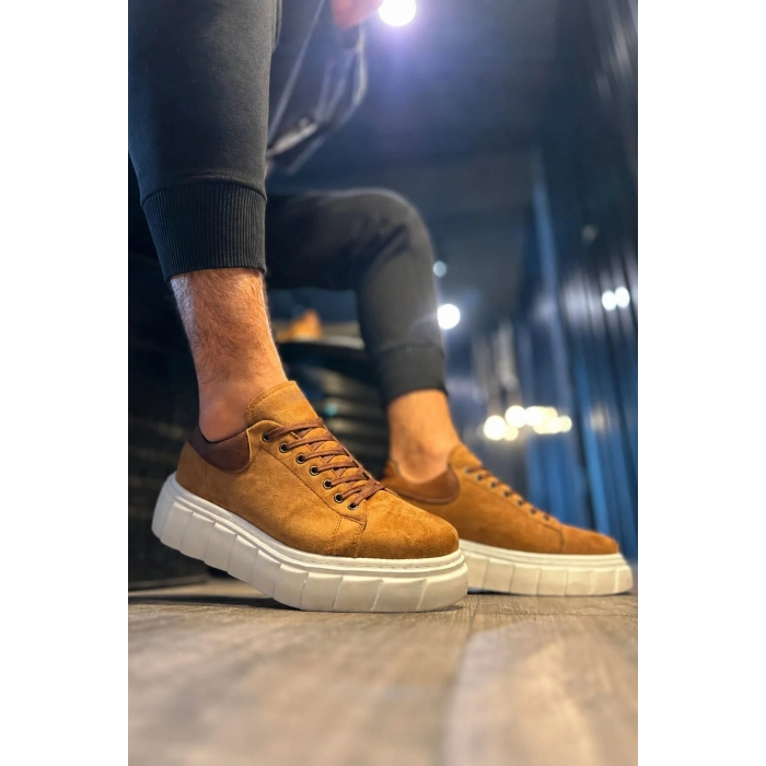 JY144 Volt Bağcıklı Süet Erkek Günlük Sneaker Yüksek Taban Ayakkabı SBT Taba
