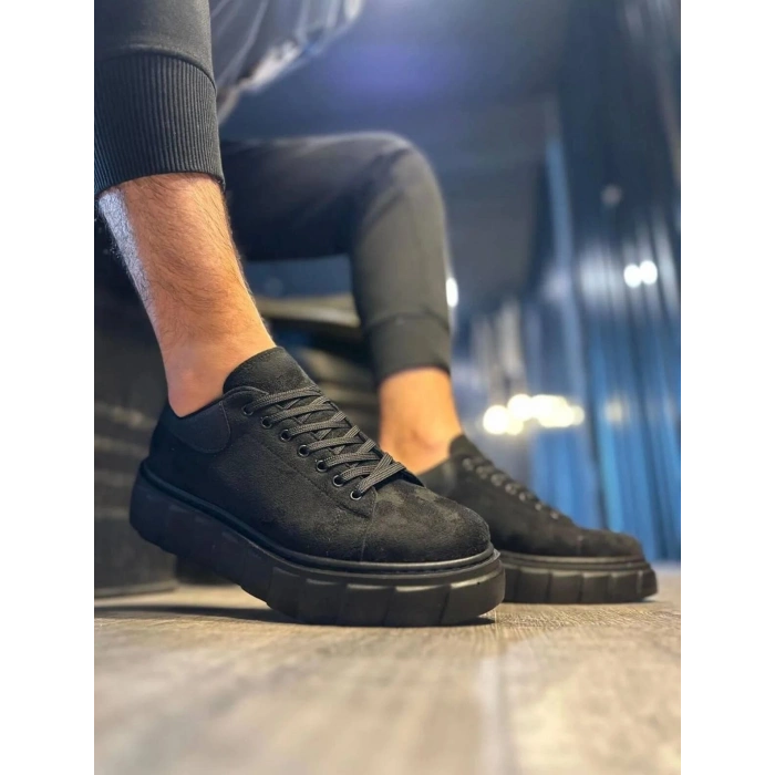 JY144 Volt Bağcıklı Süet Erkek Günlük Sneaker Yüksek Taban Ayakkabı SST Siyah