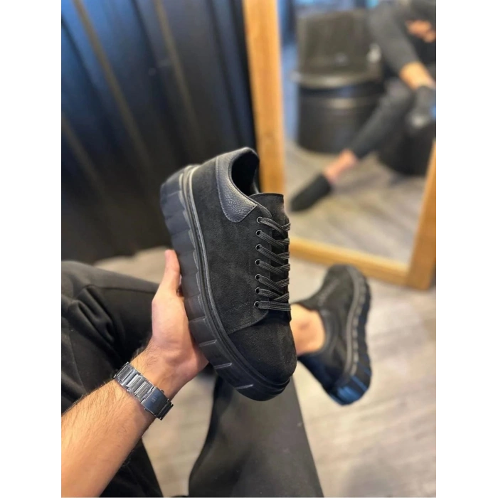 JY144 Volt Bağcıklı Süet Erkek Günlük Sneaker Yüksek Taban Ayakkabı SST Siyah