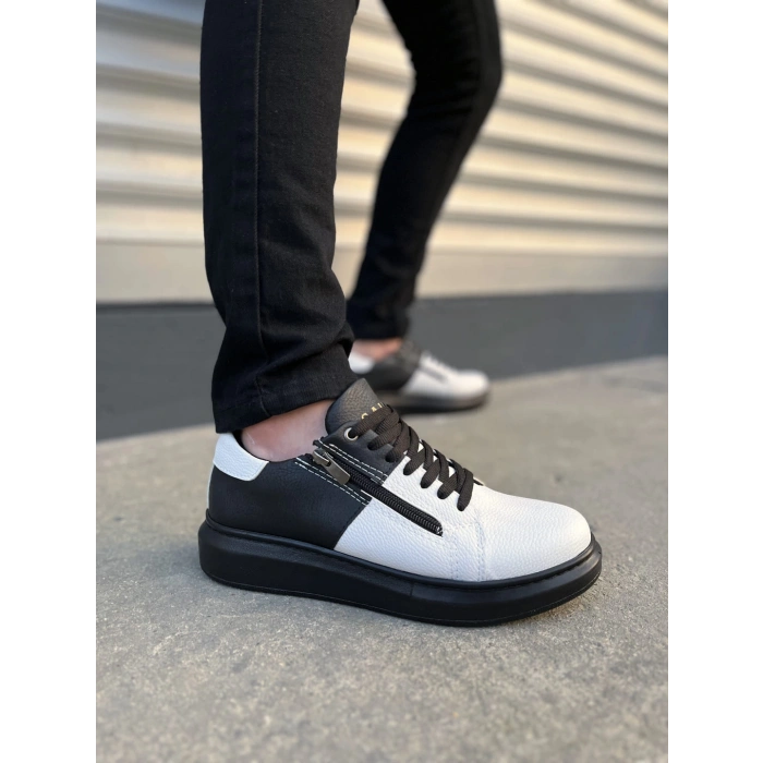 JY155 Warrior Bağcıklı ve Fermuarlı Cilt Erkek Günlük Sneaker Ayakkabı CST - Siyah/Beyaz
