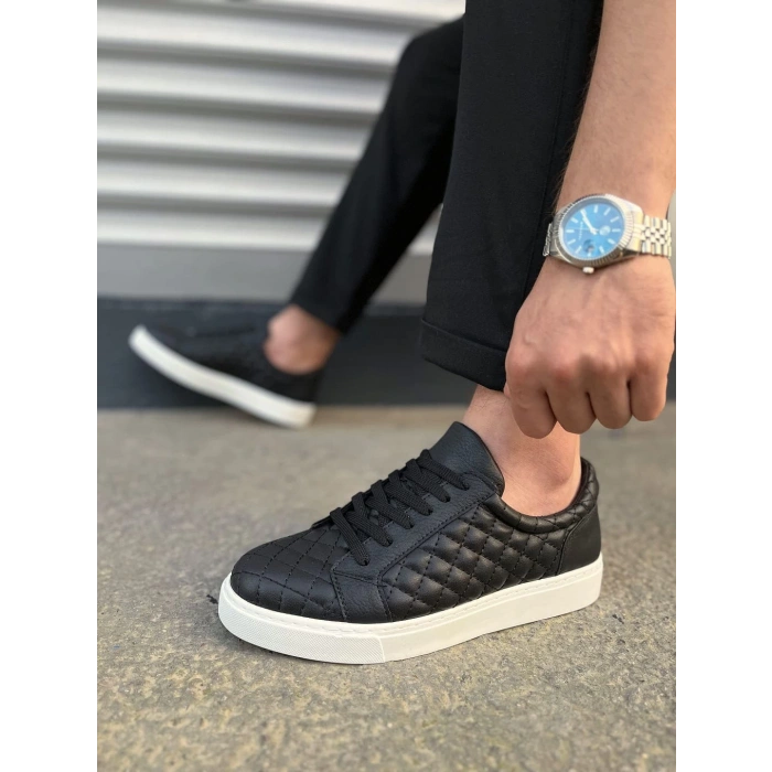 JY166 Prestige Bağcıklı Cilt Kapitone Desenli Erkek Günlük Sneaker Ayakkabı CBT - Siyah