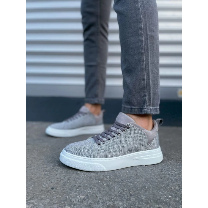 JY204 Flex Bağcıklı Keten Kumaş Erkek Günlük Sneaker Ayakkabı KBT - Gri