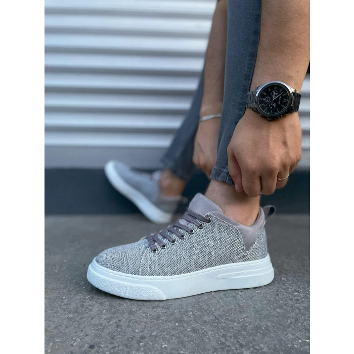 JY204 Flex Bağcıklı Keten Kumaş Erkek Günlük Sneaker Ayakkabı KBT - Gri