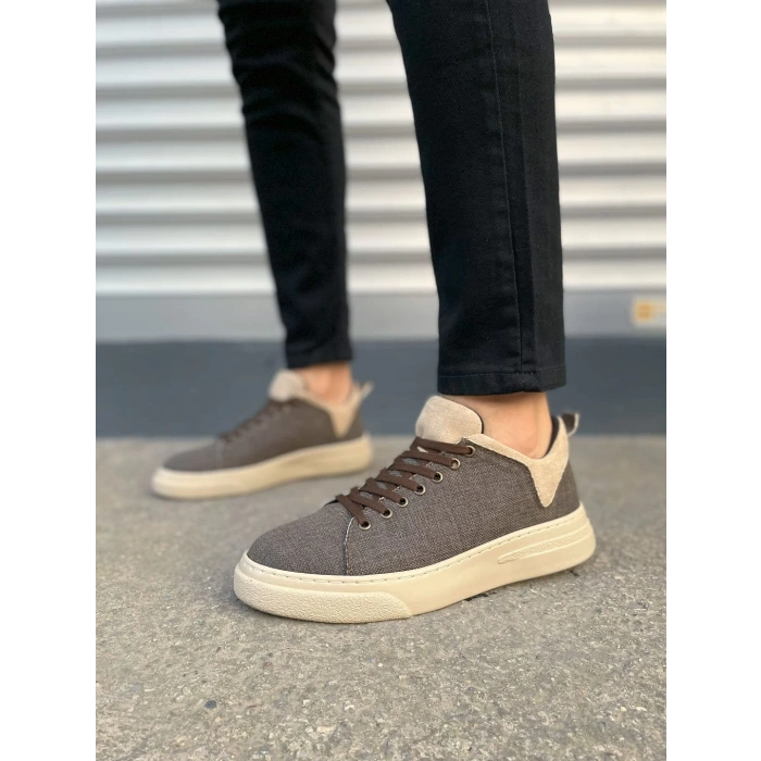 JY204 Flex Bağcıklı Keten Kumaş Erkek Günlük Sneaker Ayakkabı KKT - Kahverengi/Krem