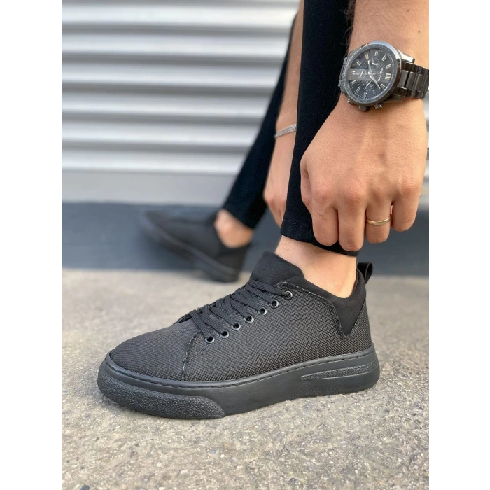 JY204 Flex Bağcıklı Keten Kumaş Erkek Günlük Sneaker Ayakkabı KST - Siyah
