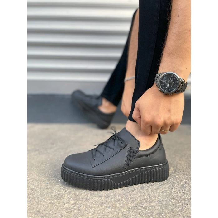 JY502 Bold Bağcıklı Cilt Erkek Günlük Sneaker Ayakkabı CST - Siyah