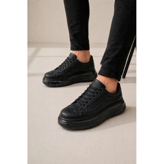 JY507 Dara Bağcıklı Cilt Erkek Günlük Sneaker Ayakkabı CST Siyah