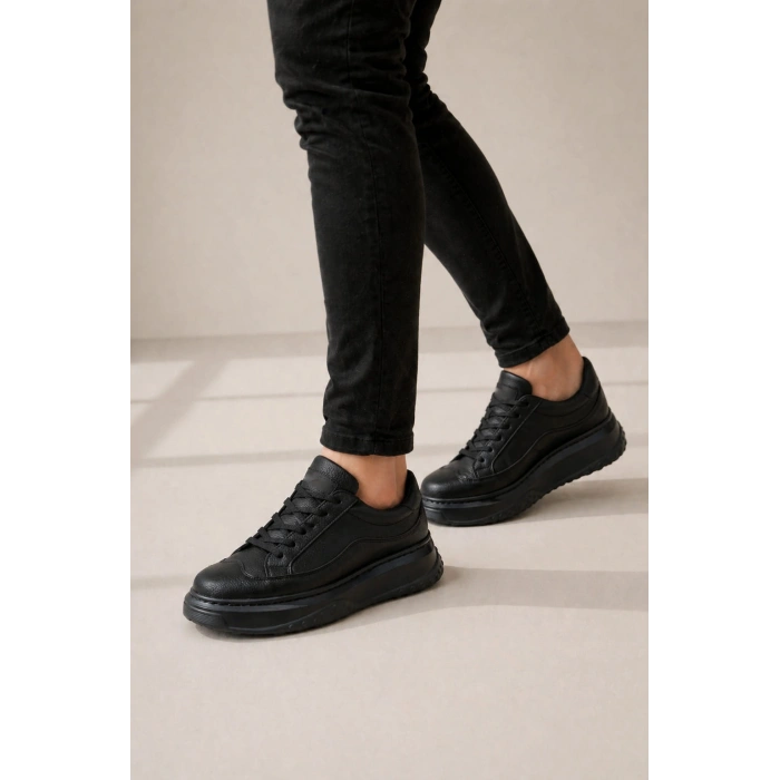 JY507 Dara Bağcıklı Cilt Erkek Günlük Sneaker Ayakkabı CST Siyah