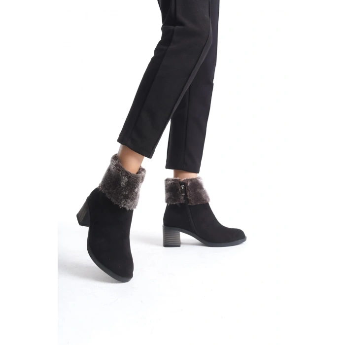 KATYA Fermuarlı Ortopedik Taban Topuklu Kürk Detaylı Süet Kadın Bot  SST - Siyah