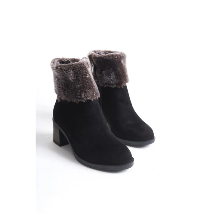 KATYA Fermuarlı Ortopedik Taban Topuklu Kürk Detaylı Süet Kadın Bot  SST - Siyah