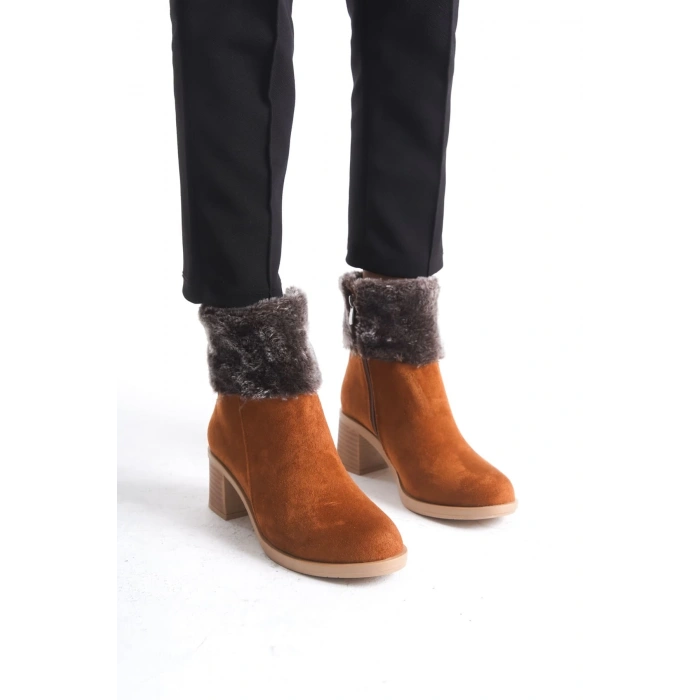 KATYA Fermuarlı Ortopedik Taban Topuklu Kürk Detaylı Süet Kadın Bot  STT - Taba