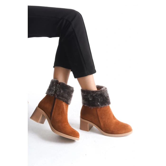 KATYA Fermuarlı Ortopedik Taban Topuklu Kürk Detaylı Süet Kadın Bot  STT - Taba