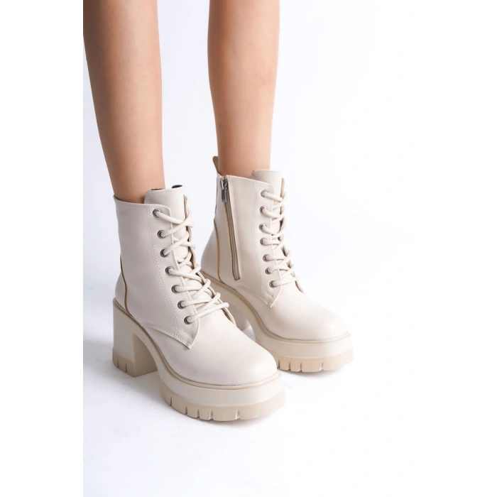 LAUREN Bağcıklı Fermuarlı Ortopedik Taban Topuklu Kadın Bot  CKT - Krem