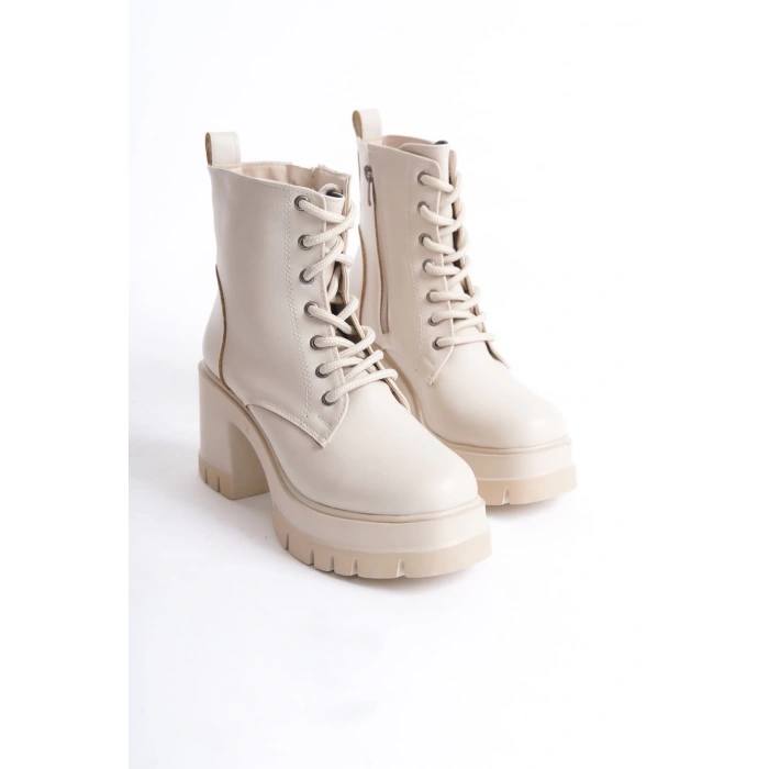 LAUREN Bağcıklı Fermuarlı Ortopedik Taban Topuklu Kadın Bot  CKT - Krem