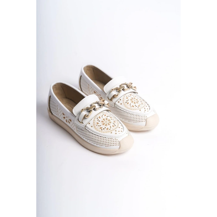 LAYLA Bağcıksız Ortopedik Rahat Taban Çiçek Desenli Kadın Babet Ayakkabı  CKT - Beyaz