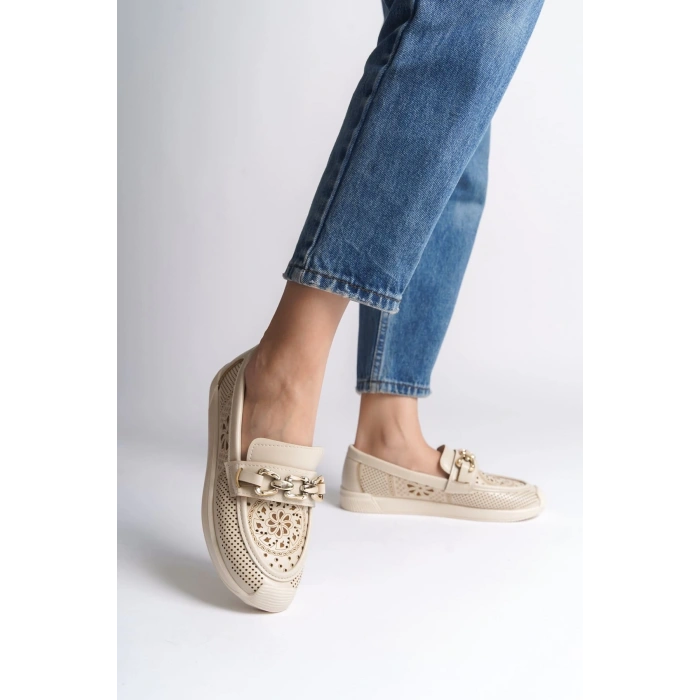 LAYLA Bağcıksız Ortopedik Rahat Taban Çiçek Desenli Kadın Babet Ayakkabı CKT - Krem