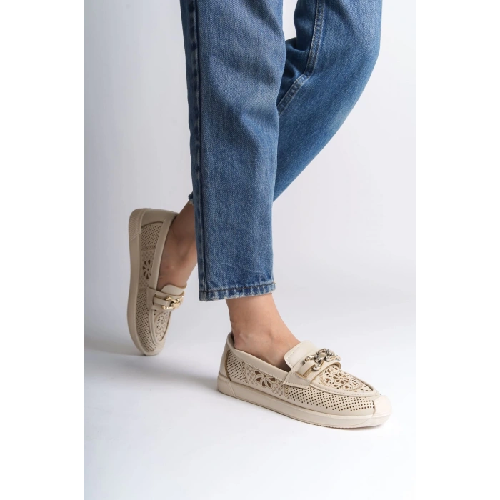 LAYLA Bağcıksız Ortopedik Rahat Taban Çiçek Desenli Kadın Babet Ayakkabı CKT - Krem