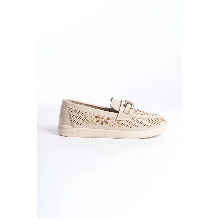 LAYLA Bağcıksız Ortopedik Rahat Taban Çiçek Desenli Kadın Babet Ayakkabı CKT - Krem