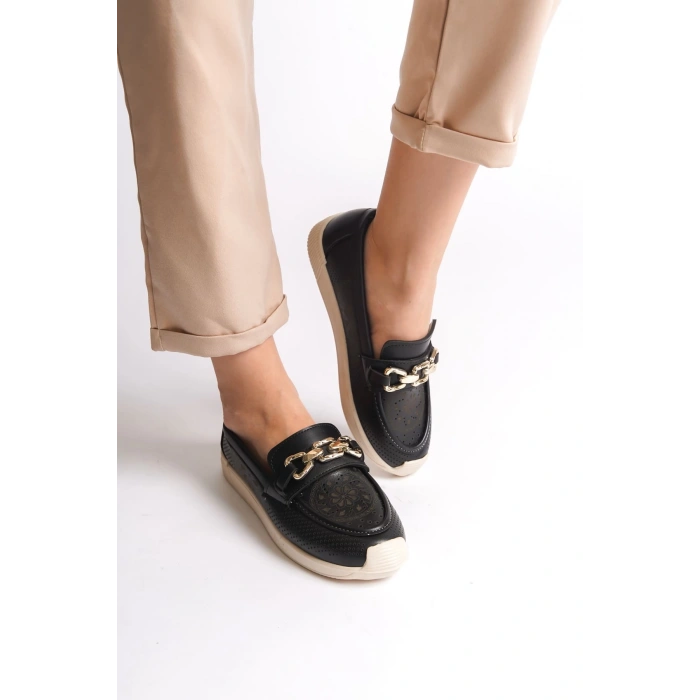 LAYLA Bağcıksız Ortopedik Rahat Taban Çiçek Desenli Kadın Babet Ayakkabı  CKT - Siyah