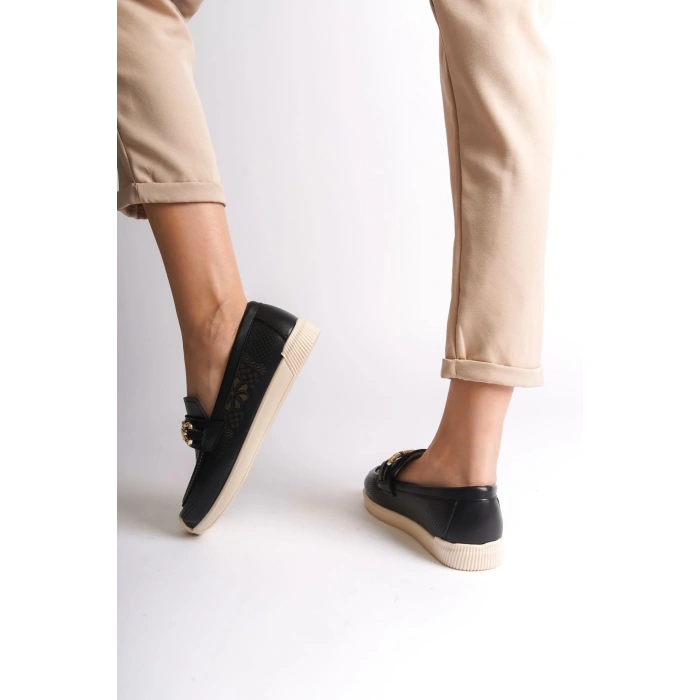 LAYLA Bağcıksız Ortopedik Rahat Taban Çiçek Desenli Kadın Babet Ayakkabı  CKT - Siyah