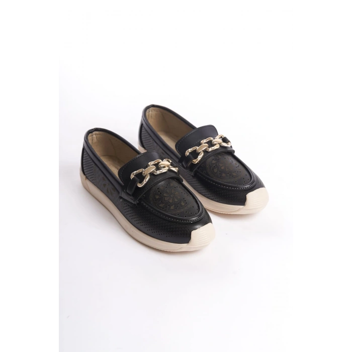 LAYLA Bağcıksız Ortopedik Rahat Taban Çiçek Desenli Kadın Babet Ayakkabı  CKT - Siyah