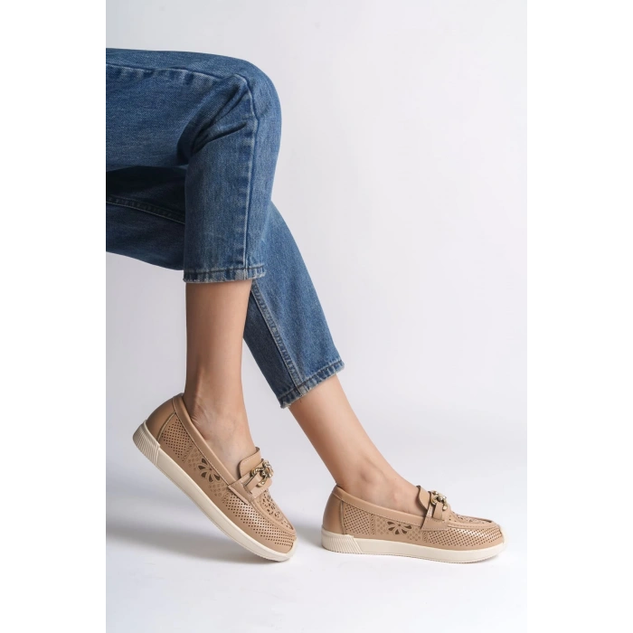 LAYLA Bağcıksız Ortopedik Rahat Taban Çiçek Desenli Kadın Babet Ayakkabı  CKT - Ten