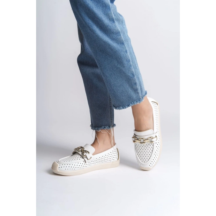 LAYLA Bağcıksız Ortopedik Rahat Taban Kalp Desenli Kadın Babet Ayakkabı  CKT - Beyaz