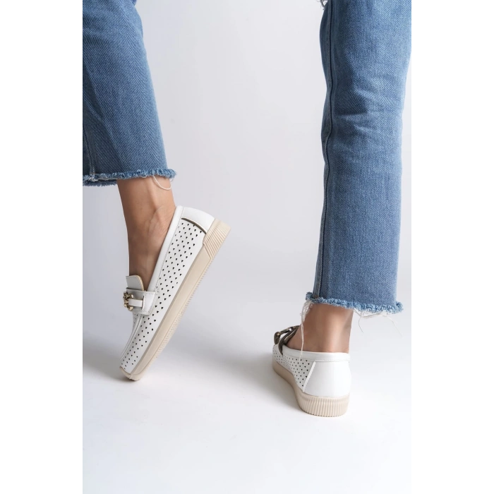 LAYLA Bağcıksız Ortopedik Rahat Taban Kalp Desenli Kadın Babet Ayakkabı  CKT - Beyaz