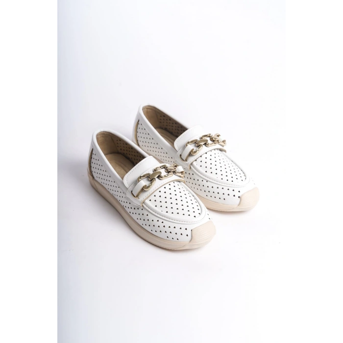 LAYLA Bağcıksız Ortopedik Rahat Taban Kalp Desenli Kadın Babet Ayakkabı  CKT - Beyaz