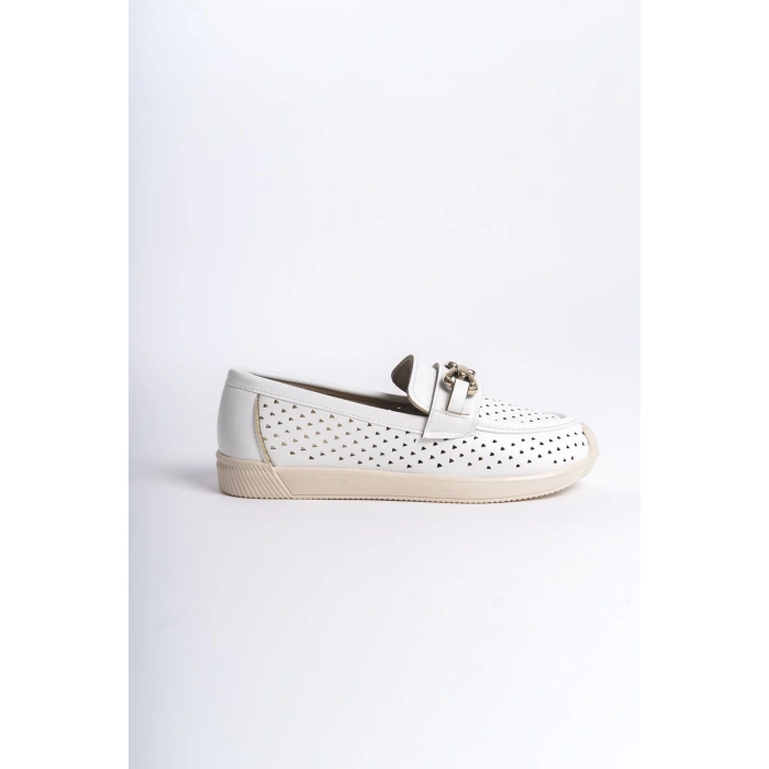 LAYLA Bağcıksız Ortopedik Rahat Taban Kalp Desenli Kadın Babet Ayakkabı  CKT - Beyaz