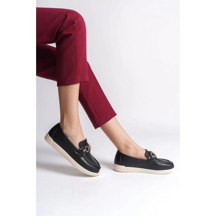 LAYLA Bağcıksız Ortopedik Rahat Taban Kalp Desenli Kadın Babet Ayakkabı CKT - Siyah