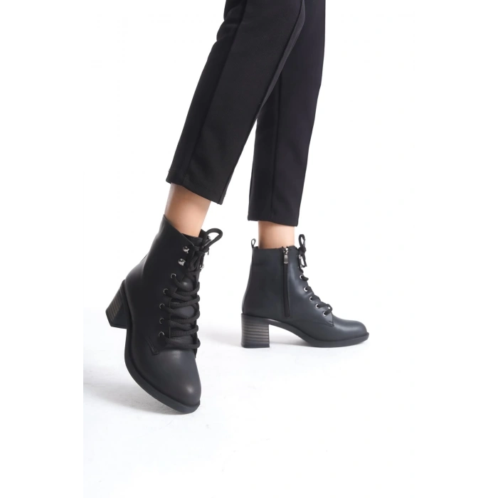 LENA Bağcıklı Fermuarlı Ortopedik Taban Topuklu Kadın Bot  CST - Siyah