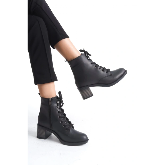 LENA Bağcıklı Fermuarlı Ortopedik Taban Topuklu Kadın Bot  CST - Siyah