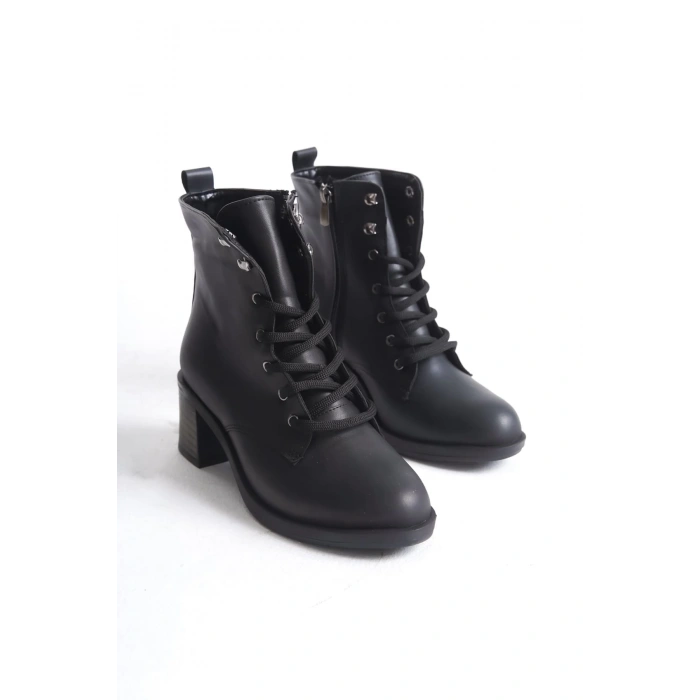 LENA Bağcıklı Fermuarlı Ortopedik Taban Topuklu Kadın Bot  CST - Siyah