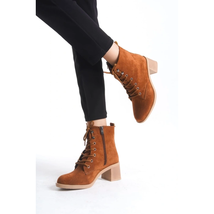 LENA Bağcıklı Fermuarlı Ortopedik Taban Topuklu Süet Kadın Bot STT - Taba