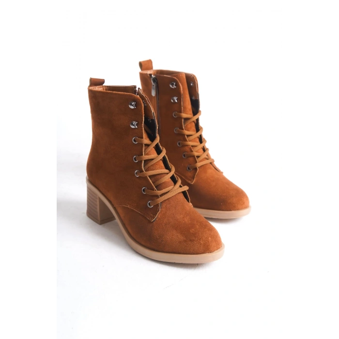 LENA Bağcıklı Fermuarlı Ortopedik Taban Topuklu Süet Kadın Bot STT - Taba