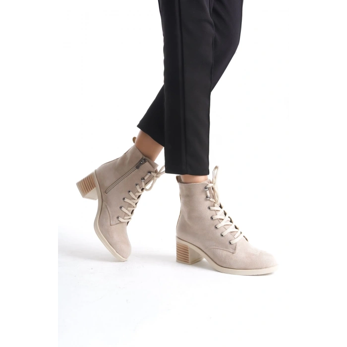 LENA Bağcıklı Fermuarlı Ortopedik Taban Topuklu Süet Kadın Bot  STT - Ten