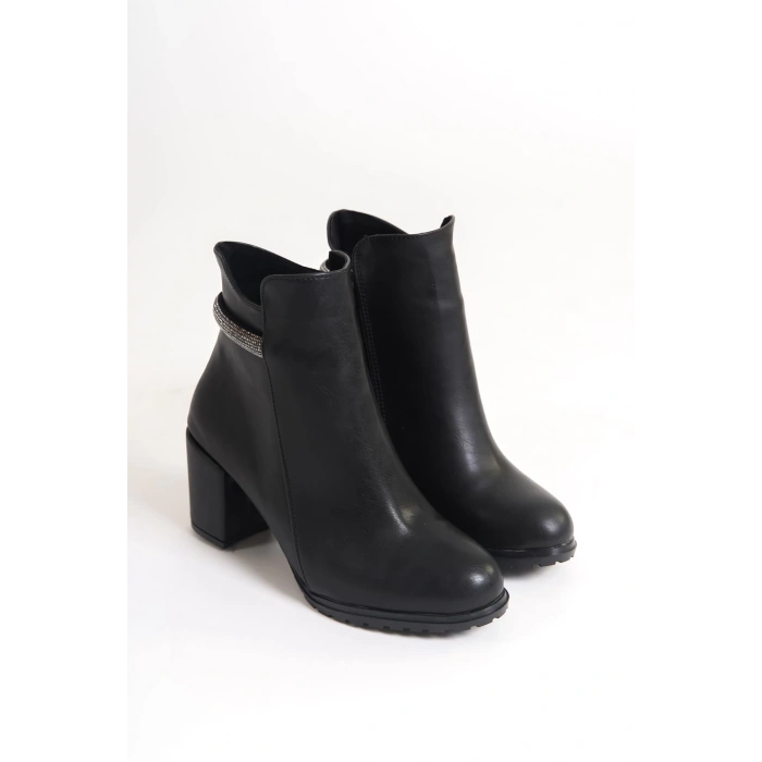 LIA Fermuarlı Ortopedik Taban Taşlı Topuklu Kadın Bot  CST - Siyah