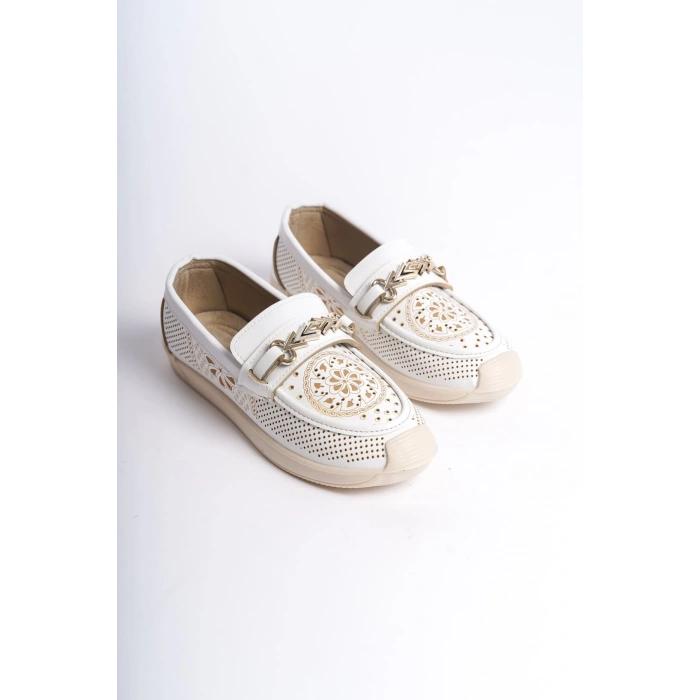 LILY Bağcıksız Ortopedik Rahat Taban Çiçek Desenli Kadın Babet Ayakkabı  CKT - Beyaz