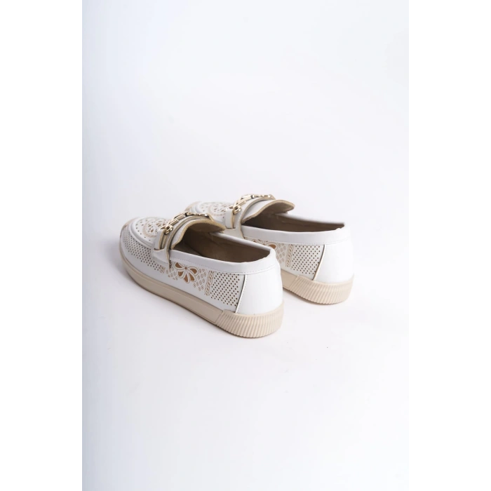 LILY Bağcıksız Ortopedik Rahat Taban Çiçek Desenli Kadın Babet Ayakkabı  CKT - Beyaz