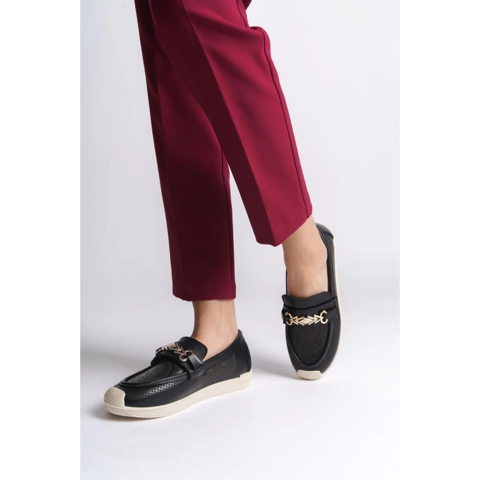 LILY Bağcıksız Ortopedik Rahat Taban Çiçek Desenli Kadın Babet Ayakkabı  CKT - Siyah