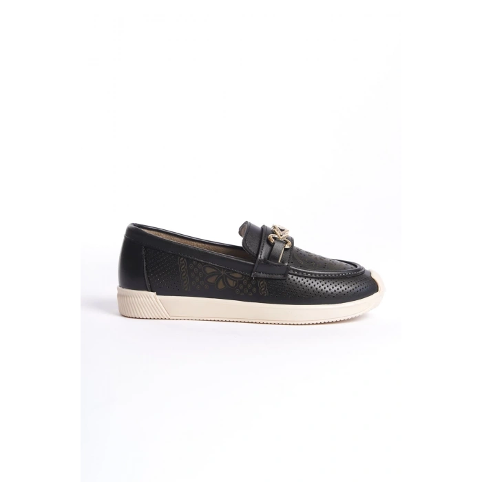 LILY Bağcıksız Ortopedik Rahat Taban Çiçek Desenli Kadın Babet Ayakkabı  CKT - Siyah