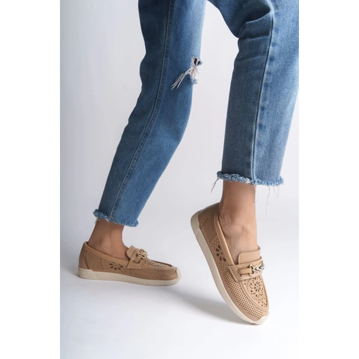 LILY Bağcıksız Ortopedik Rahat Taban Çiçek Desenli Kadın Babet Ayakkabı  CKT - Ten